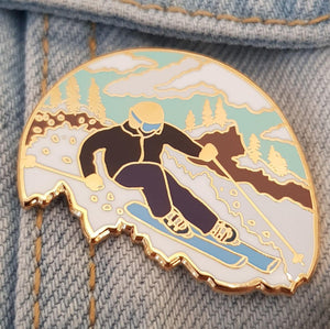 Skier Snow Scene Enamel Pin - Hashley Art