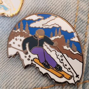 Skier Snow Scene Enamel Pin - Hashley Art