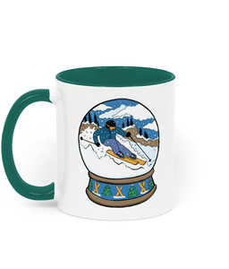 Skier Christmas Mug, Ski Snowglobe Winter Snow Scene Mug - Hashley Art